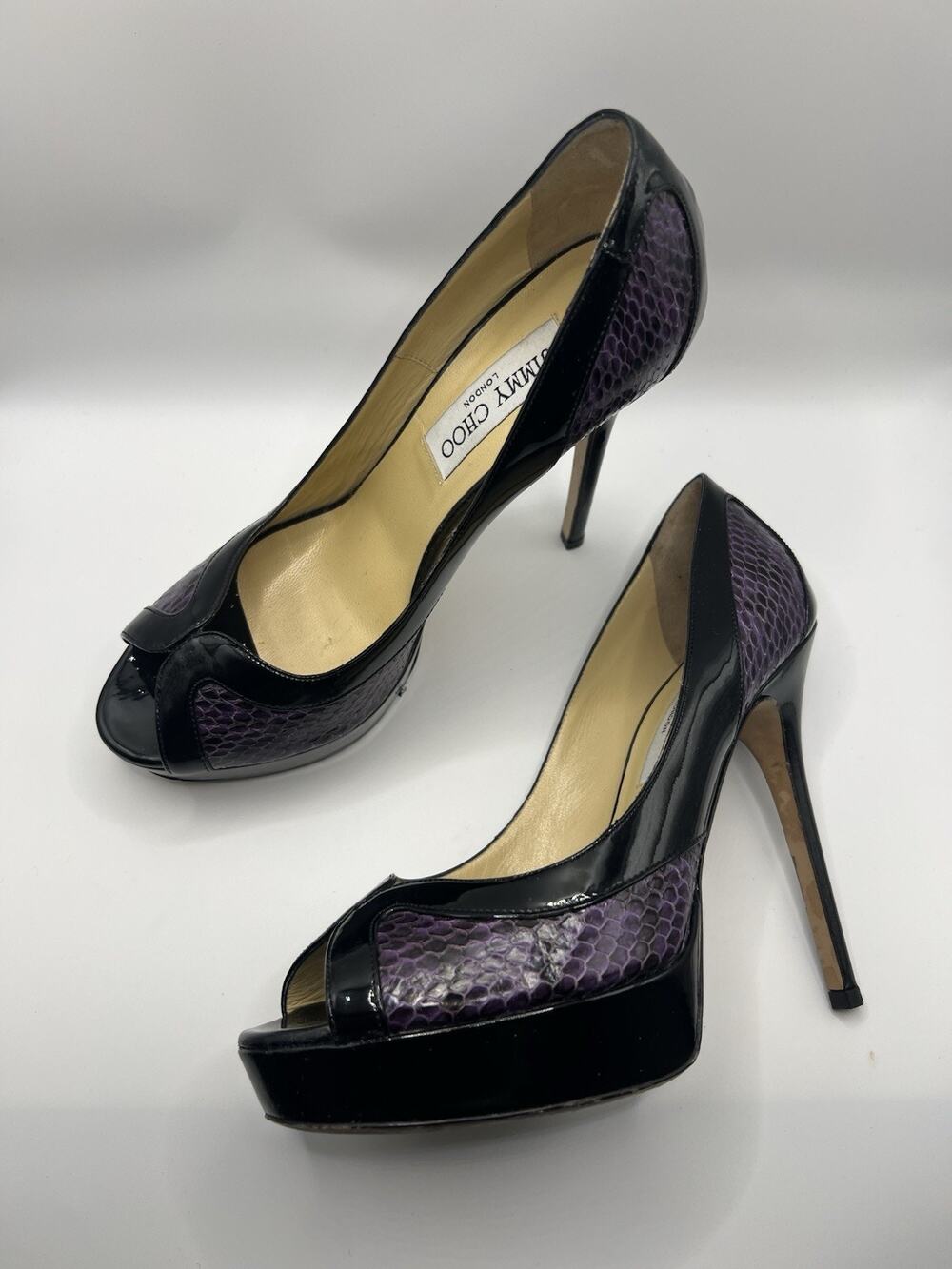 Jimmy Choo Purple Patent Snake Print Peep Toe Stiletto Pumps 37.5